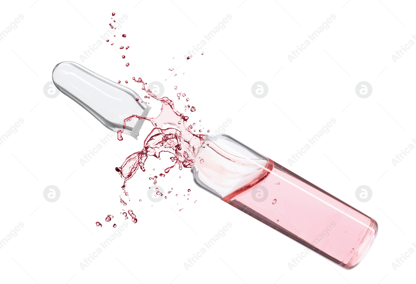 Image of Open glass ampoule with pharmaceutical product on white background