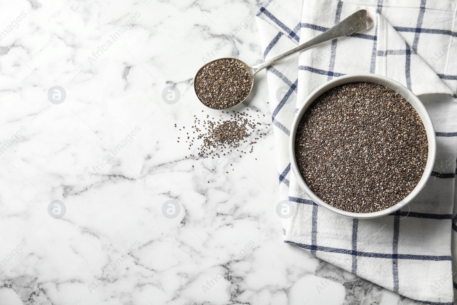 Photo of Flat lay composition with chia seeds on marble background, space for text