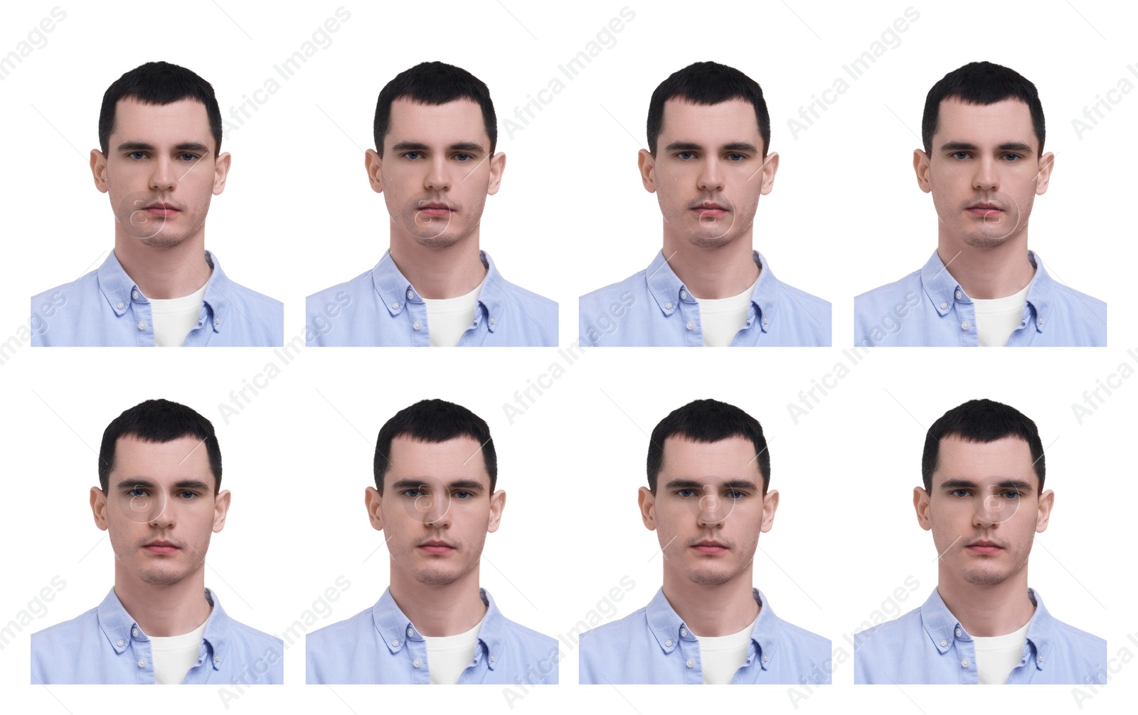 Image of Passport photo, collage. Man on white background, set of photos