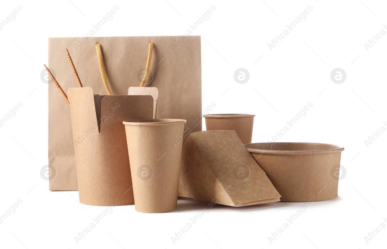 Photo of Eco friendly packaging. Disposable food containers and paper bag isolated on white