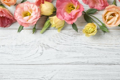 Photo of Flat lay composition with beautiful Eustoma flowers on white wooden table, space for text