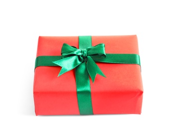 Photo of Beautifully wrapped gift box on white background