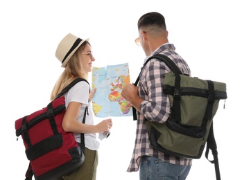 Photo of Couple with map on white background. Summer travel