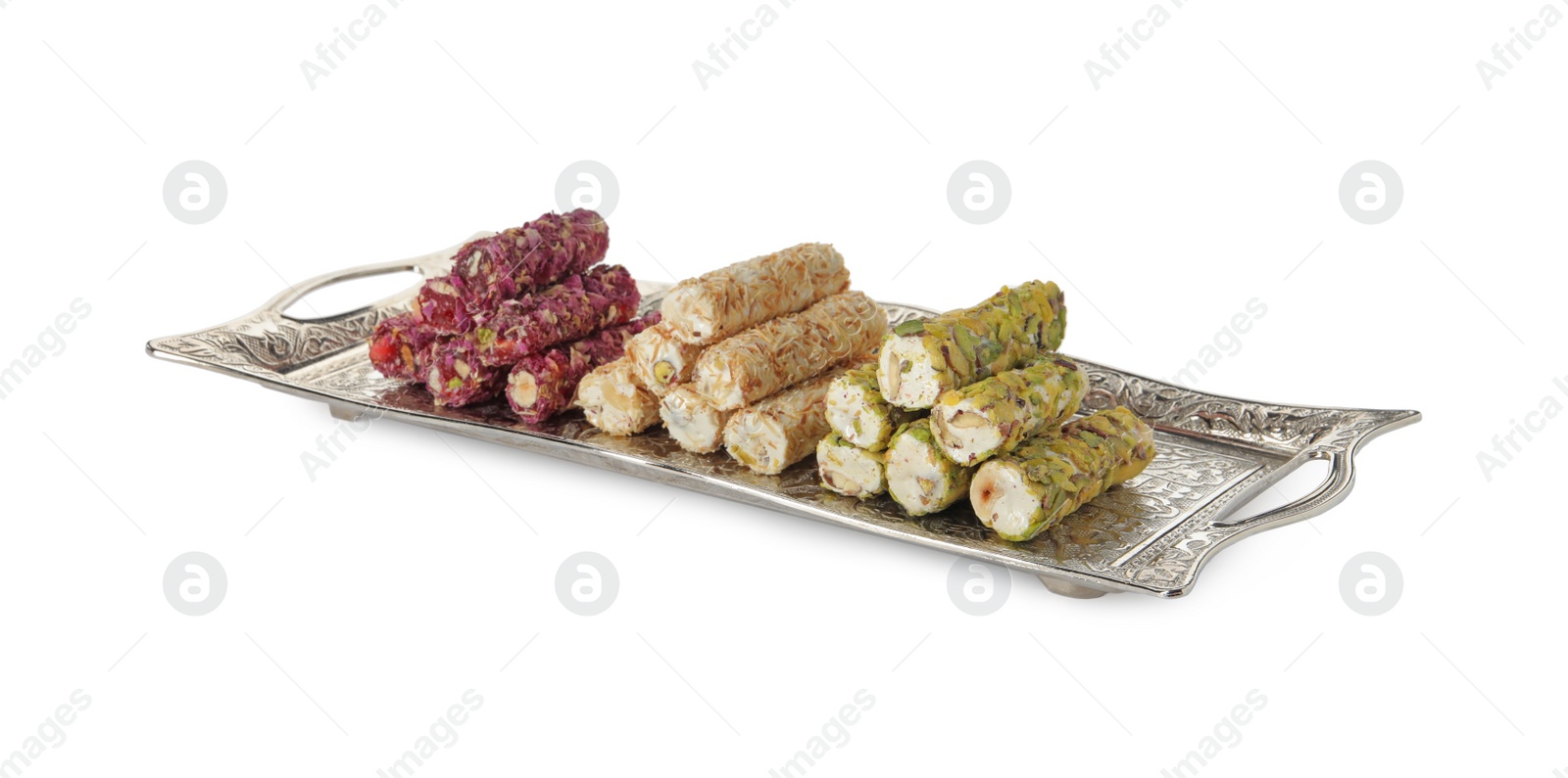 Photo of Turkish delight dessert in tray isolated on white