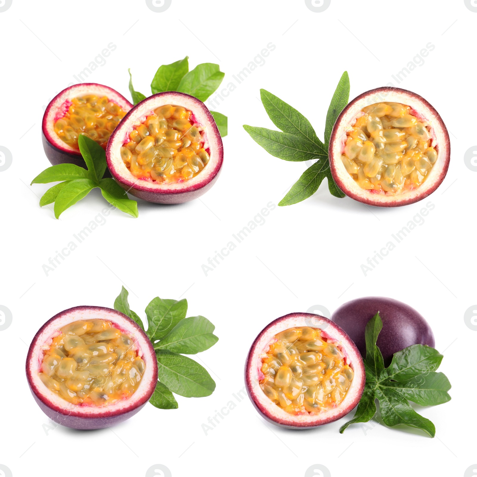 Image of Set with delicious passion fruits on white background