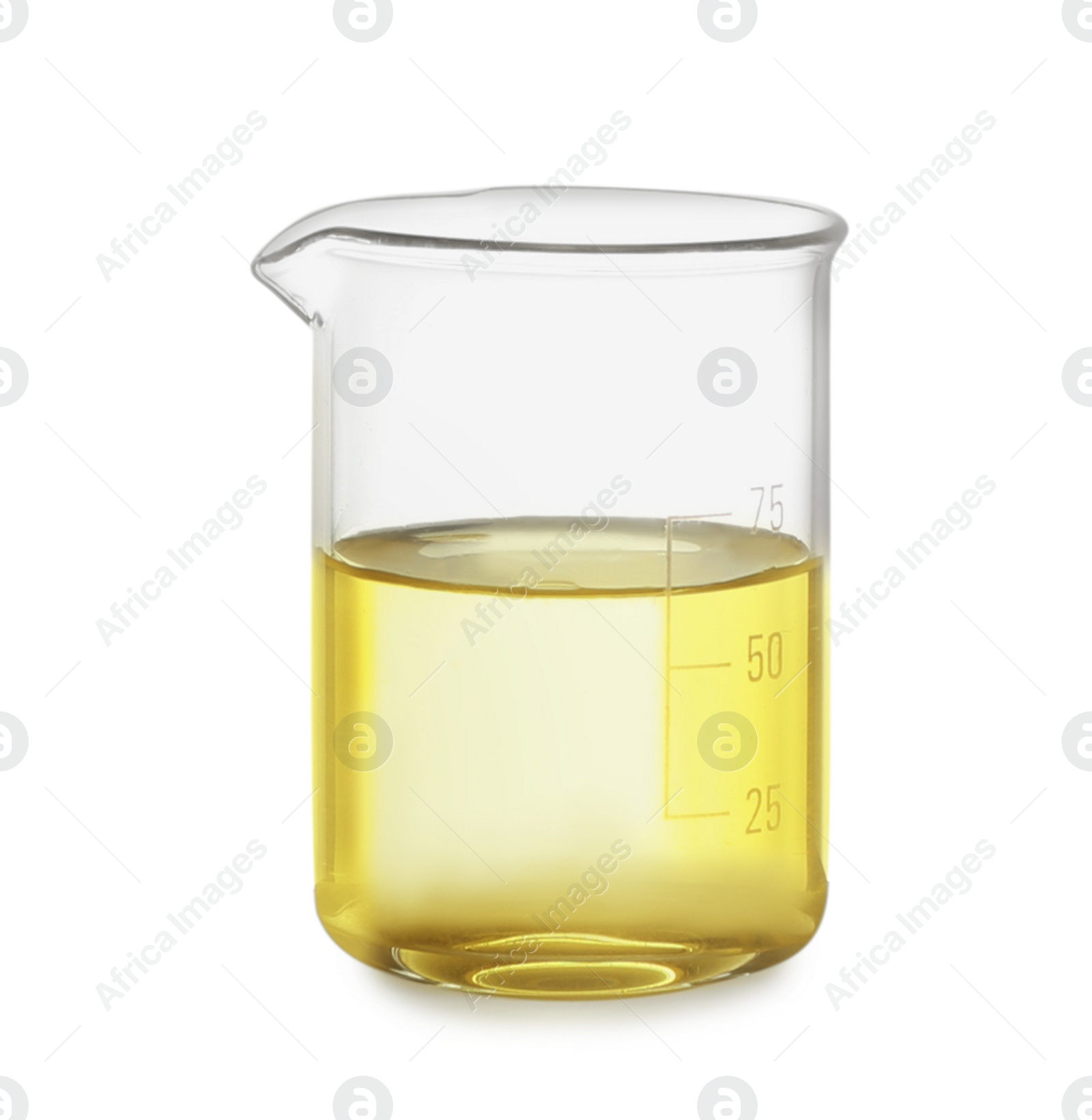 Photo of Beaker with yellow liquid isolated on white