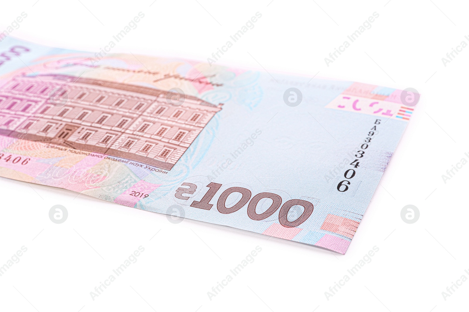 Photo of 1000 Ukrainian Hryvnia banknote on white background, closeup