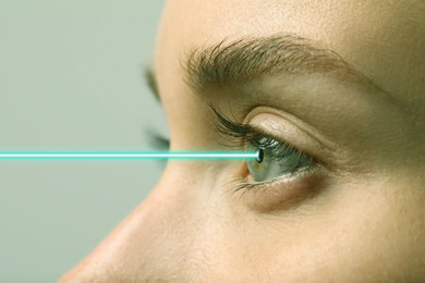 Image of Closeup view of woman and laser ray illustration. Vision correction surgery