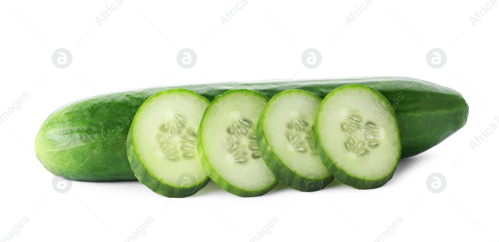 Photo of Whole and sliced fresh cucumbers on white background