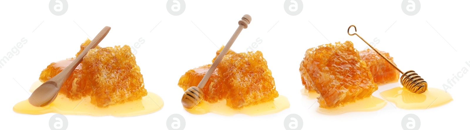 Image of Set with fresh delicious honeycombs and dippers on white background. Banner design