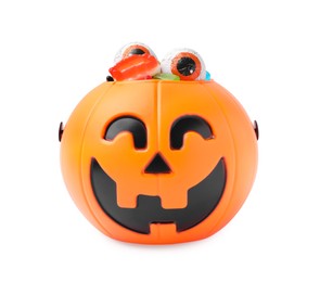 Photo of Halloween trick or treat bucket with different sweets on white background