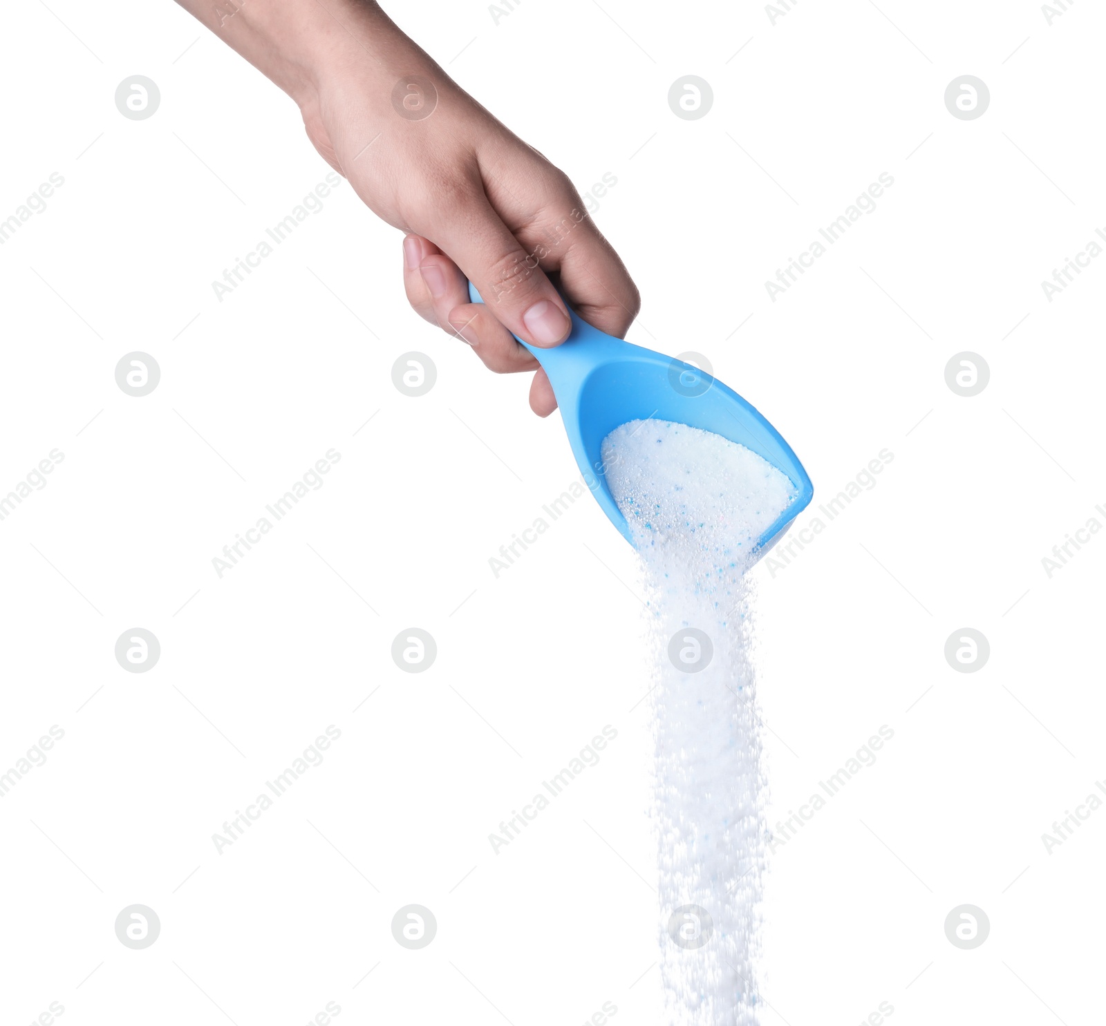 Photo of Woman pouring laundry detergent from measuring container against white background, closeup