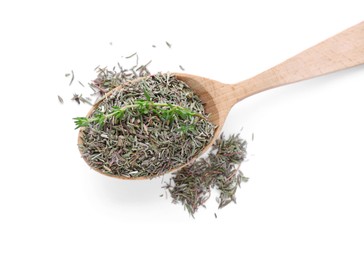 Spoon of dried thyme and fresh herb isolated on white, top view