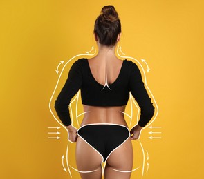 Image of Slim woman after weight loss on yellow background, back view 