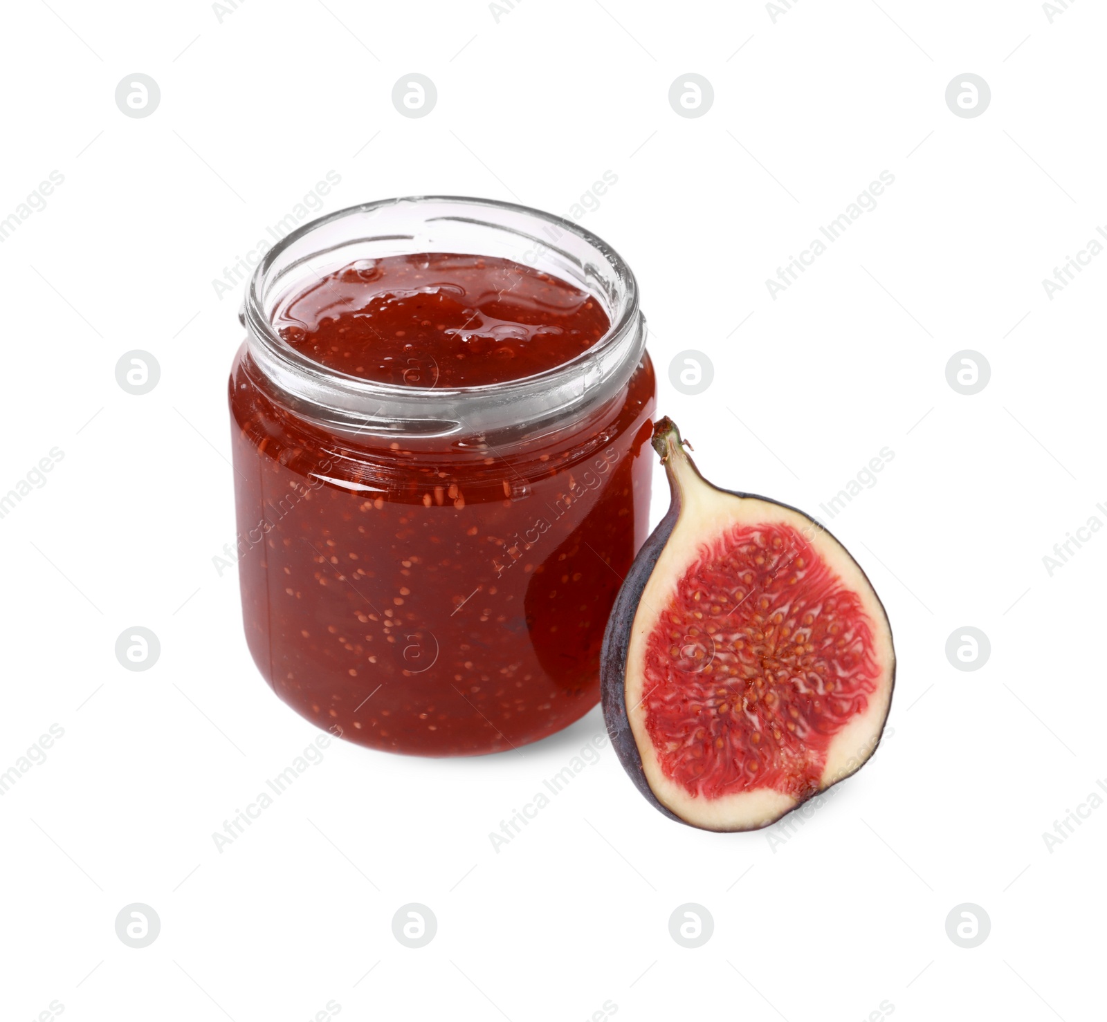 Photo of Glass jar with tasty sweet jam and half of fresh fig isolated on white