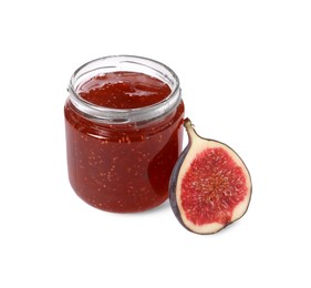 Glass jar with tasty sweet jam and half of fresh fig isolated on white