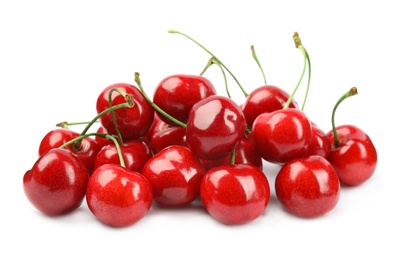 Heap of ripe sweet cherries on white background