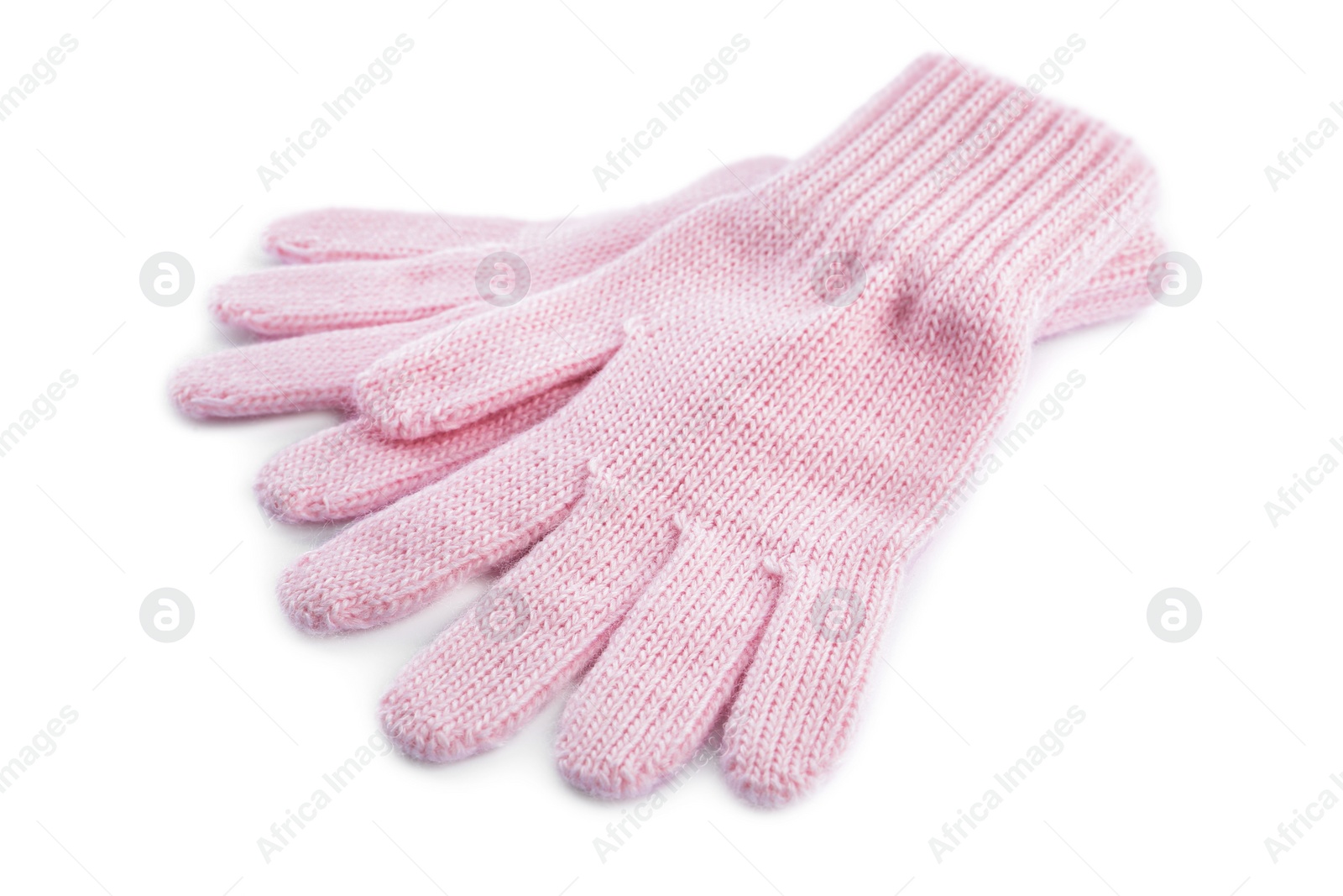 Photo of Pink woolen gloves on white background. Winter clothes