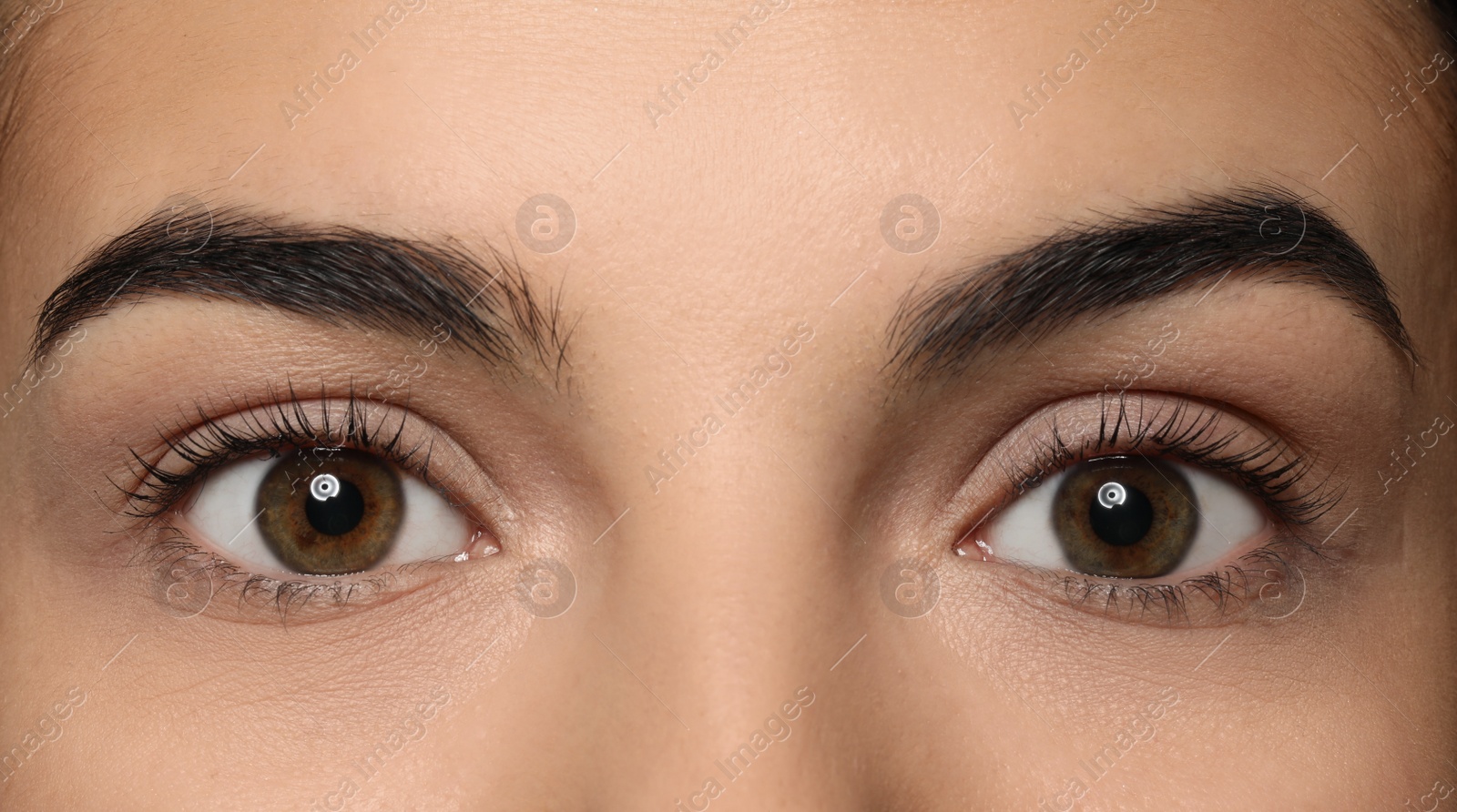 Photo of Young woman after eyelash lamination, closeup. Professional service