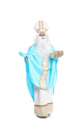 Full length portrait of Saint Nicholas with present on white background