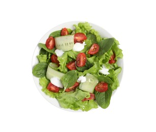 Photo of Delicious vegetable salad isolated on white, top view