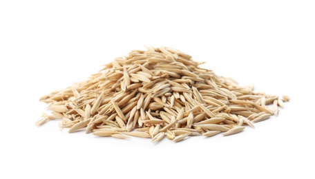 Photo of Raw oats on white background. Healthy grains and cereals