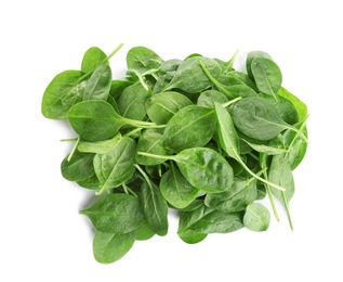 Photo of Pile of fresh green healthy baby spinach leaves on white background, top view