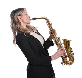 Beautiful young woman in elegant suit playing saxophone on white background