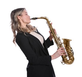 Photo of Beautiful young woman in elegant suit playing saxophone on white background