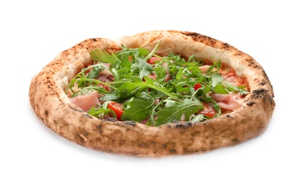 Photo of Tasty pizza with meat and arugula isolated on white