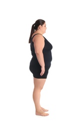 Overweight woman before weight loss on white background