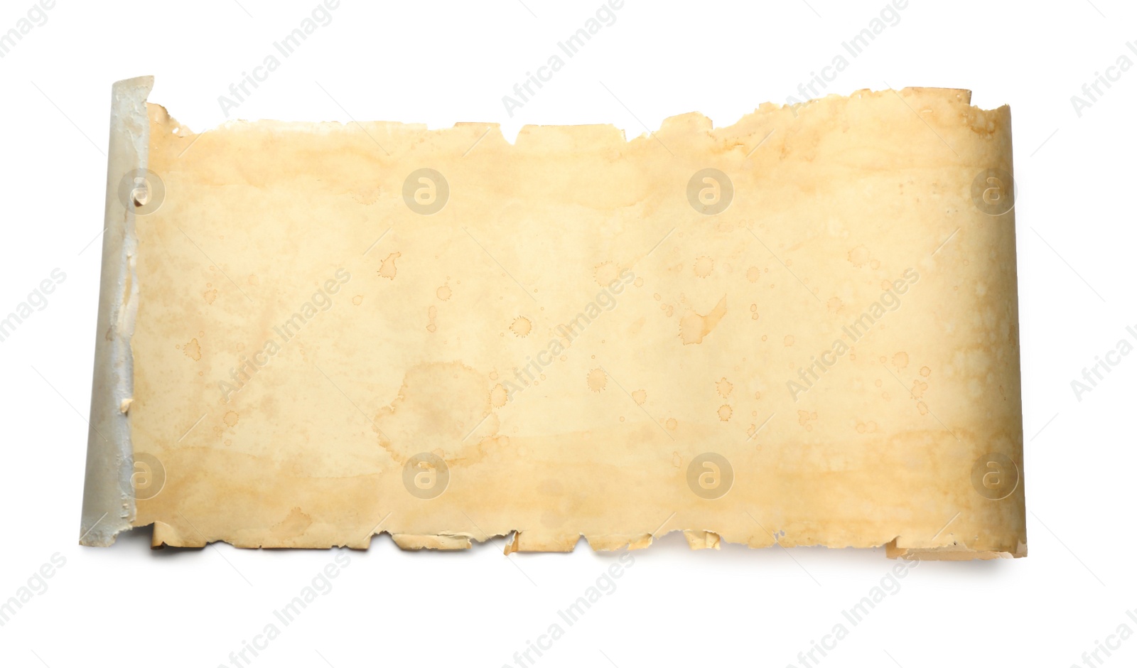 Photo of Sheet of old parchment paper isolated on white, top view. Space for design