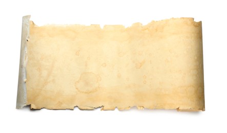 Photo of Sheet of old parchment paper isolated on white, top view. Space for design