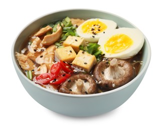 Photo of Bowl of delicious ramen isolated on white. Noodle soup