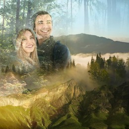 Image of Double exposure of happy couple, trees and beautiful mountains
