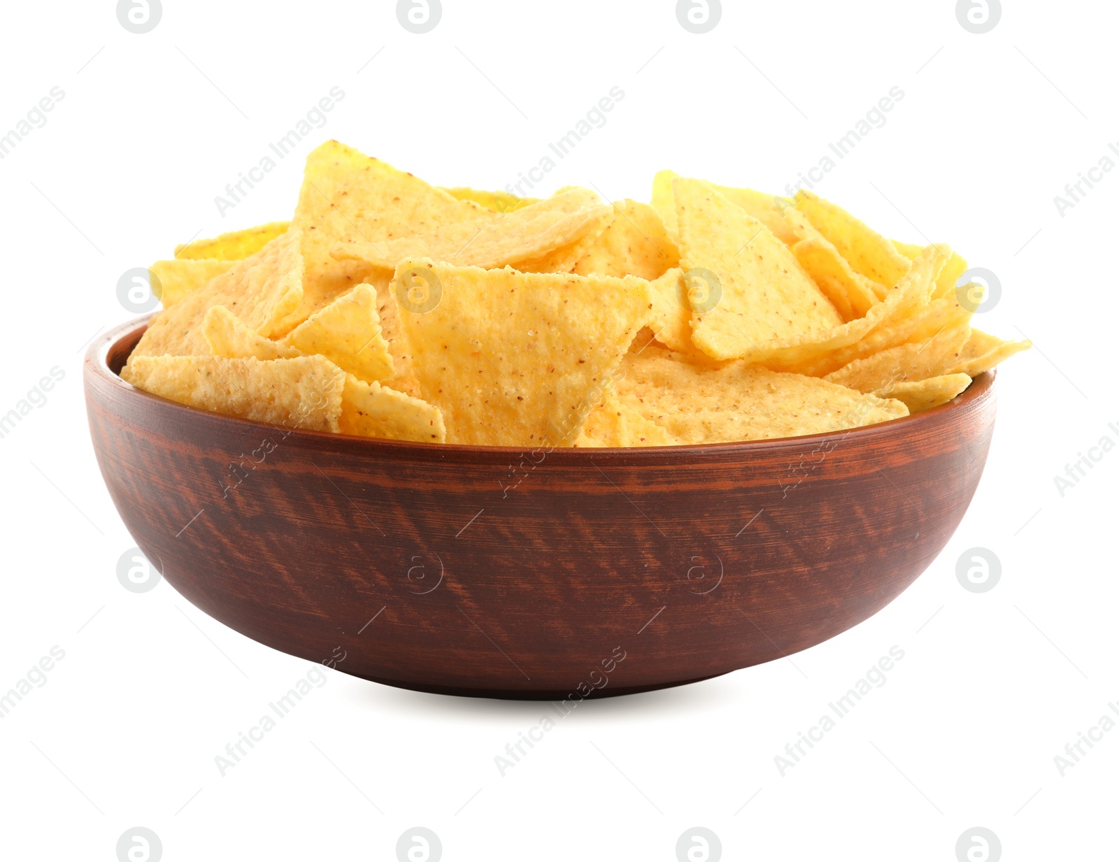 Photo of Bowl of tasty tortilla chips (nachos) on white background