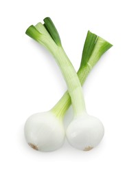Photo of Whole green spring onions isolated on white, top view