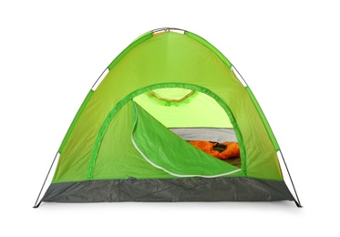 Photo of Comfortable green camping tent on white background