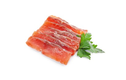Photo of Tasty sashimi (slices of fresh raw salmon) and parsley isolated on white