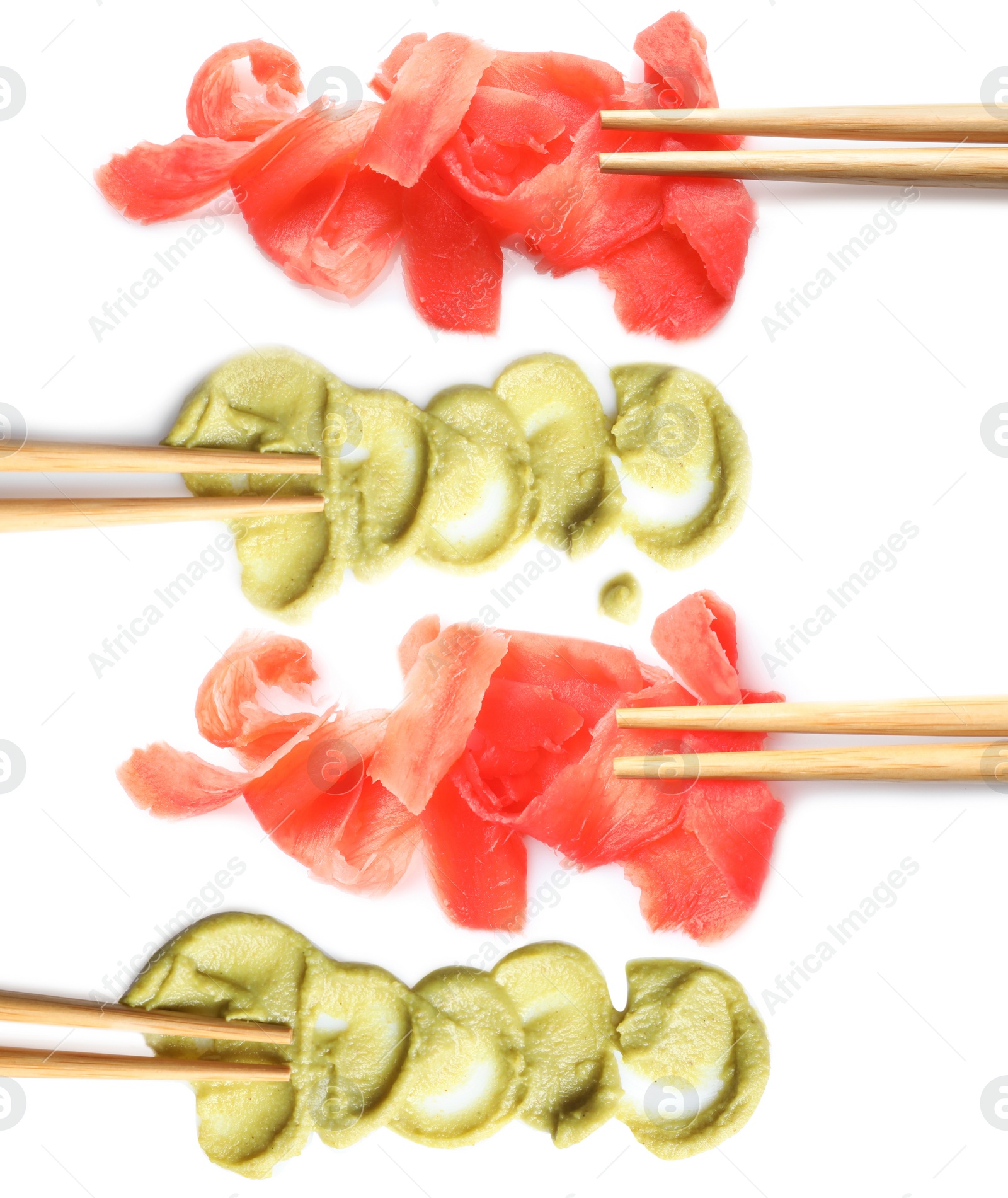 Image of Set of delicious sauce condiments and chopsticks on white background, top view