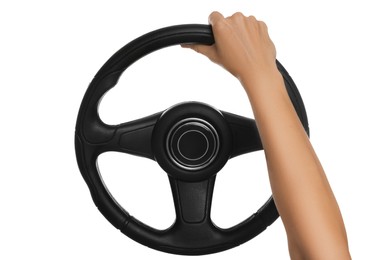 Photo of Woman with steering wheel on white background, closeup