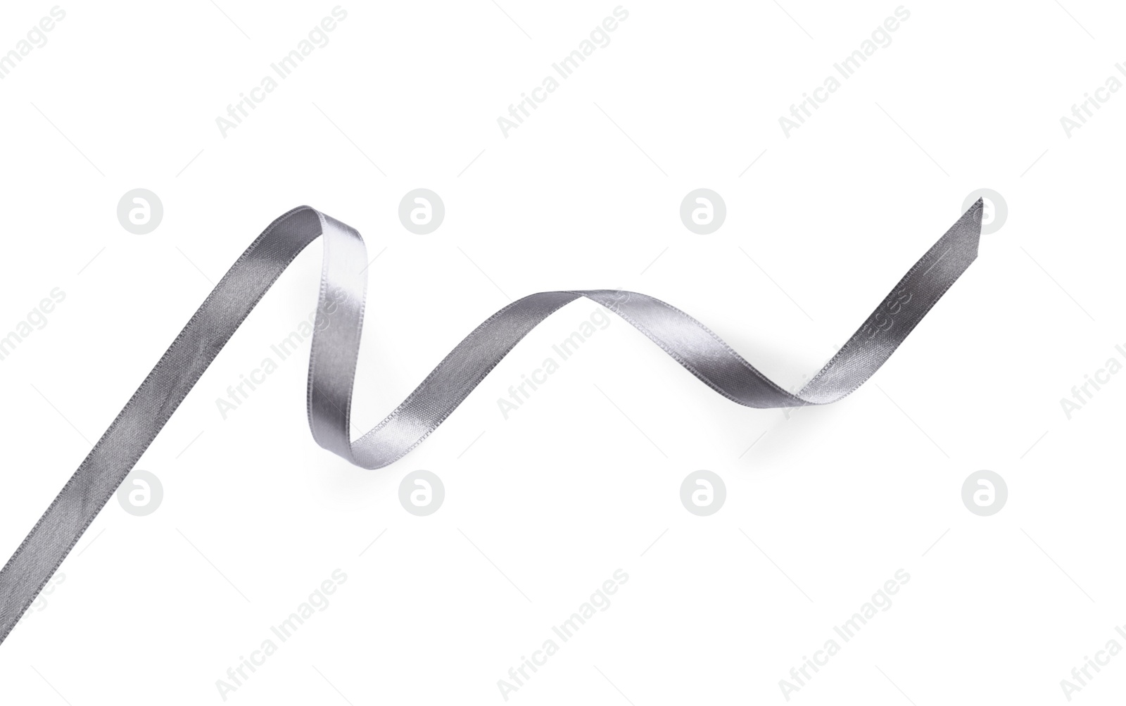 Photo of Silver satin ribbon on white background, top view