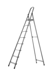 Photo of Modern metal stepladder isolated on white. Construction tool