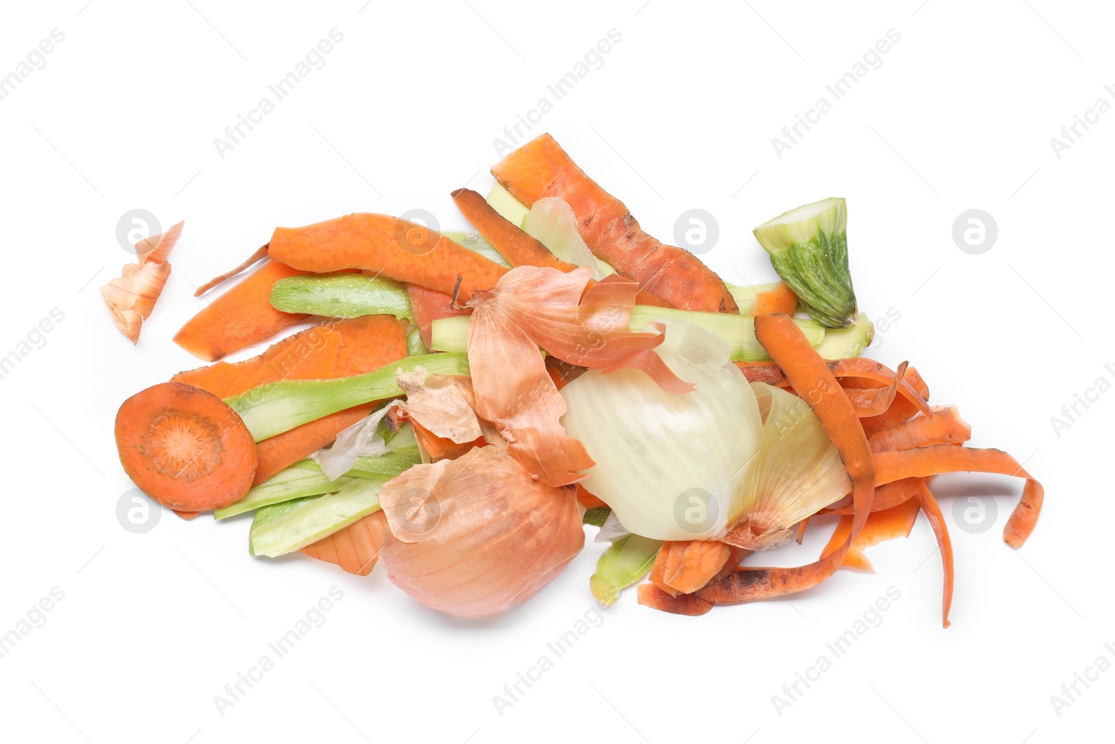 Photo of Peels of fresh vegetables isolated on white