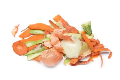 Photo of Peels of fresh vegetables isolated on white