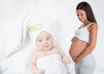 Double exposure of pregnant woman and cute baby on white background