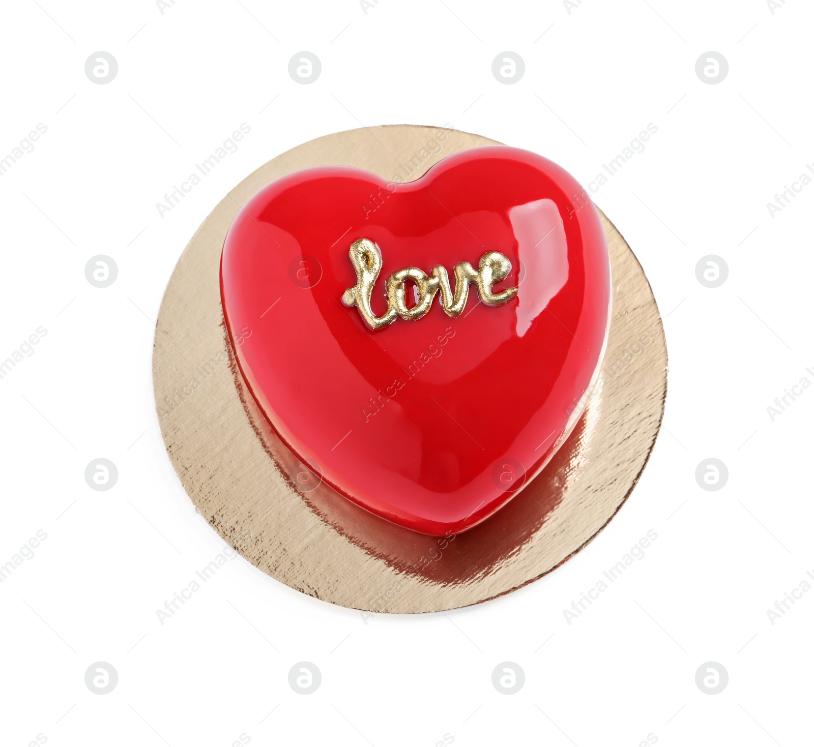Photo of St. Valentine's Day. Delicious heart shaped cake isolated on white, top view