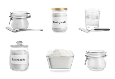 Image of Set with different kitchenware and baking soda on white background