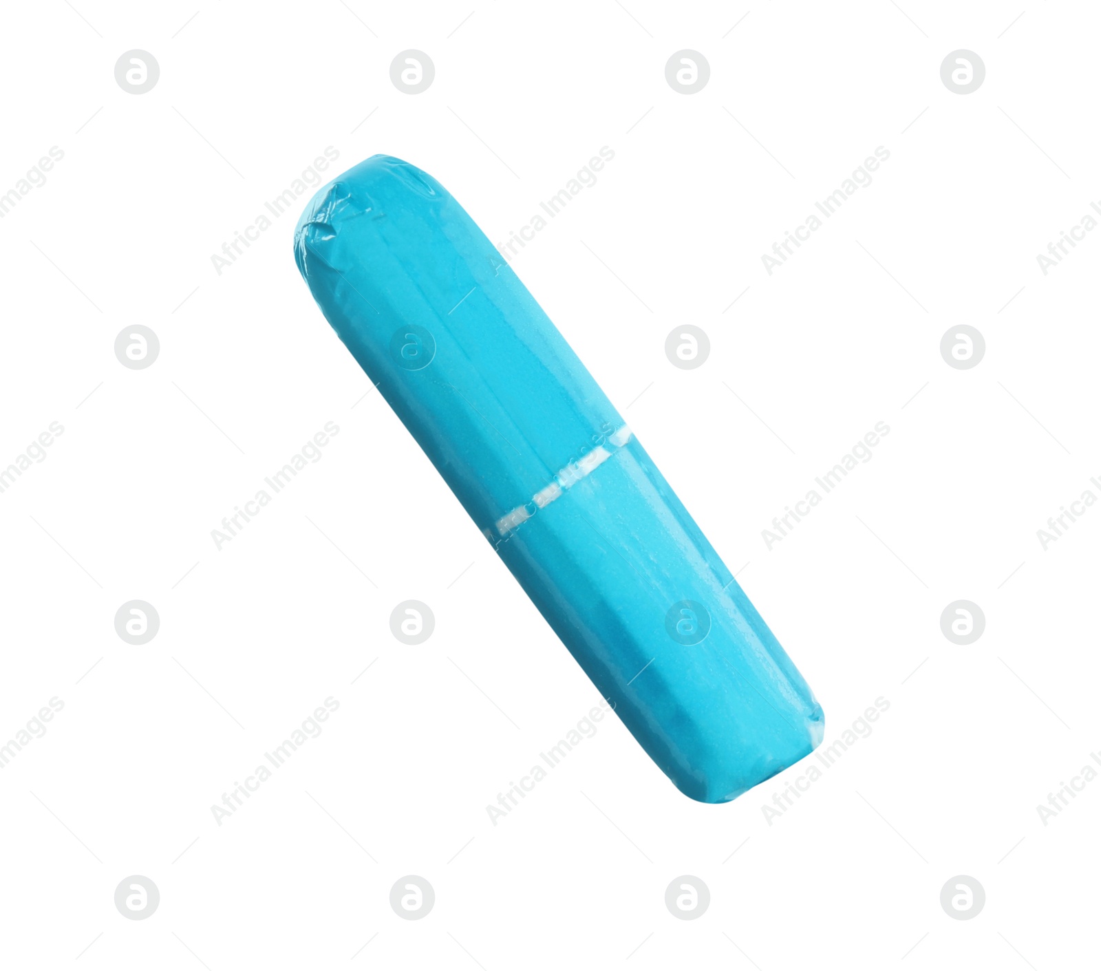 Photo of Tampon in turquoise package isolated on white