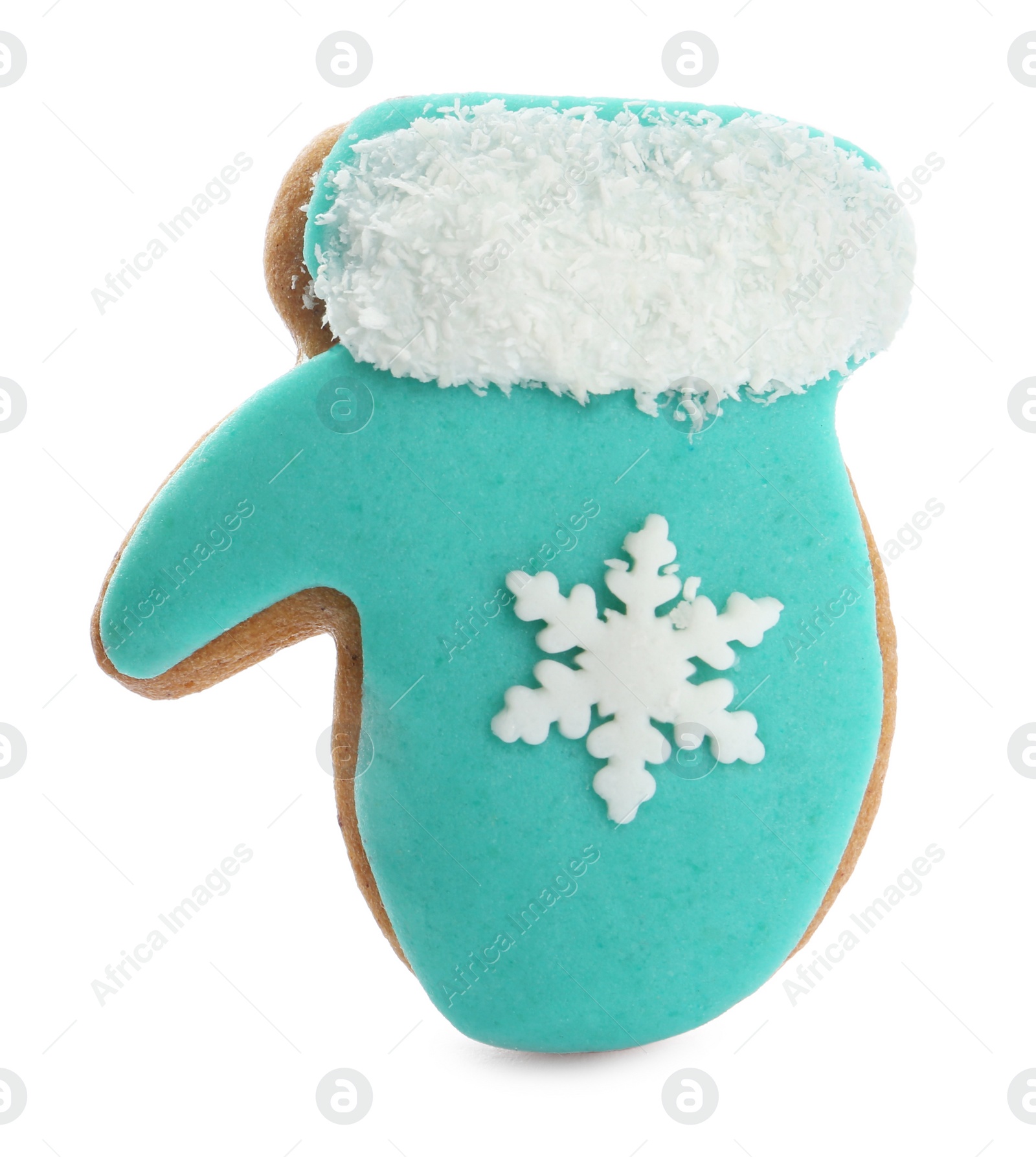 Photo of Tasty mitten shaped Christmas cookie isolated on white